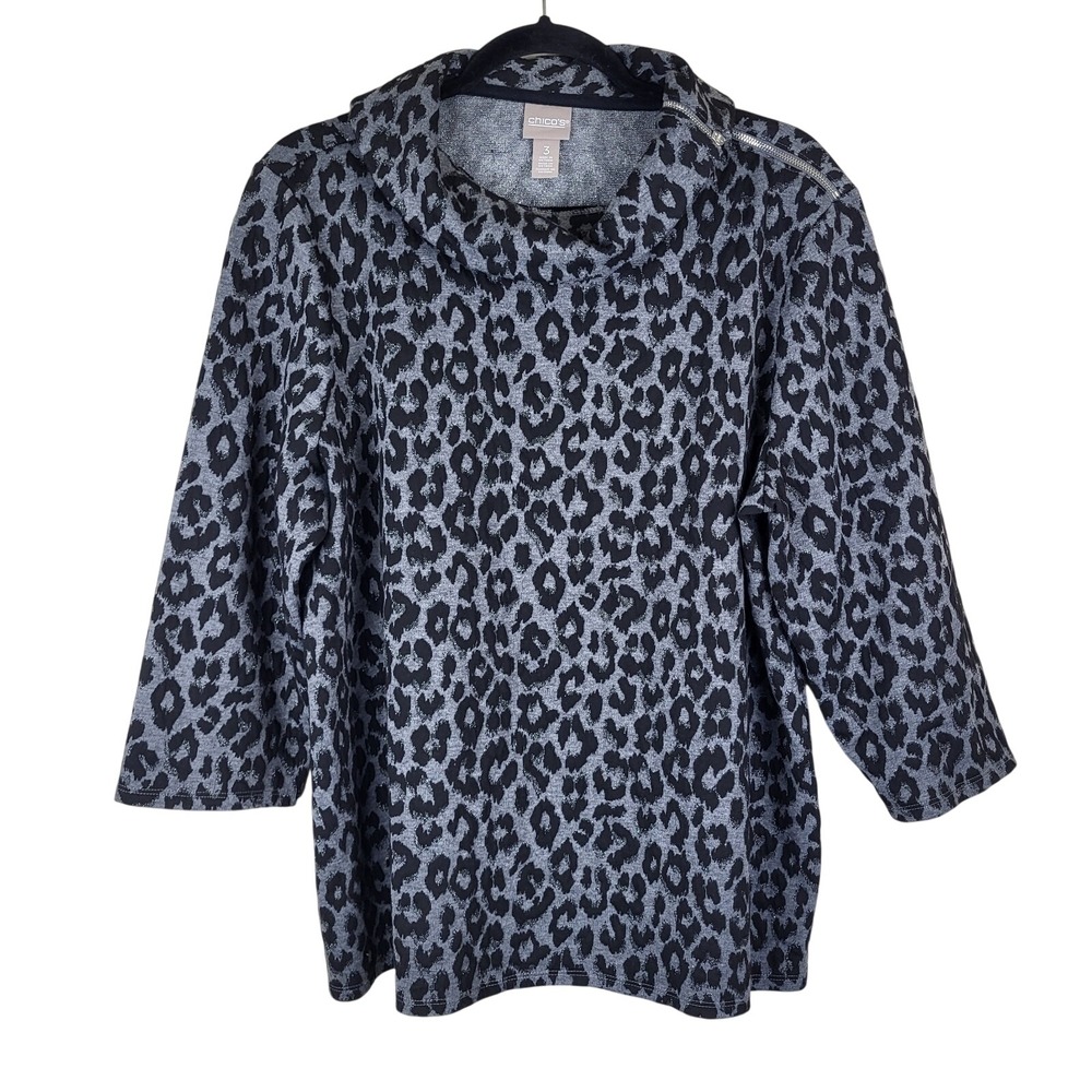 Chico's Cowl Zip Neck Top Women's XL Black Gray Animal Print Metallic Accents